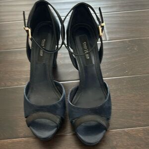 White House Black Market navy suede heels; size 8